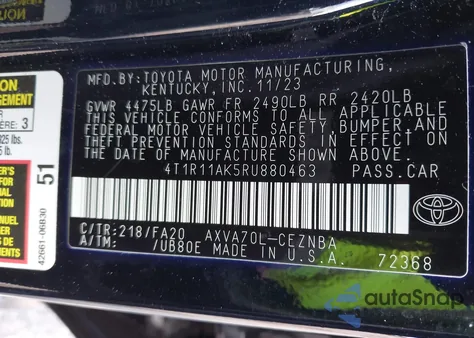 2024 Toyota Camry Le z USA, uszkodzony, nr VIN 4T1R11AK5RU880463